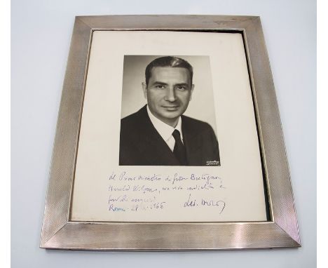 Aldo Moro, 38th Prime Minister of Italy, black &amp; white photographic portrait, inscribed to British Prime Minister Harold 