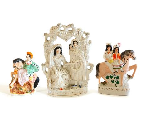 A Stafforshire figure group of the 'Fortune Teller', Height 29cms, 'Returning Home', Height 22 cms and another of lady riding