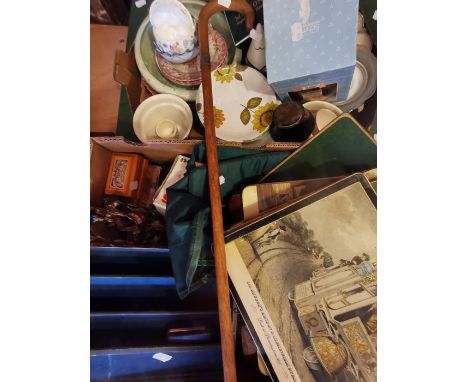 Two boxes of sundry items to include ceramics, backpack, silver collared walking stick, tablemats, etc