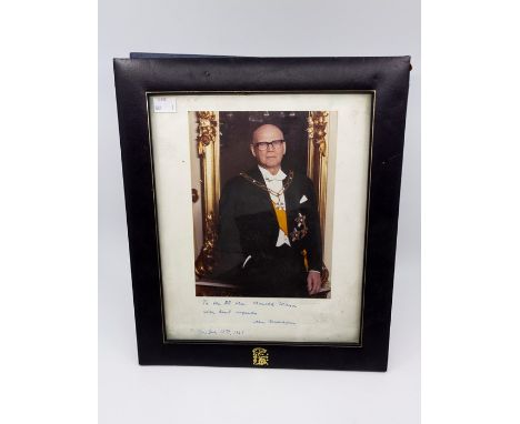 Urho Kekkonen, eighth President of Finland, colour photographic portrait, inscribed in blue ink to British Prime Minister Har