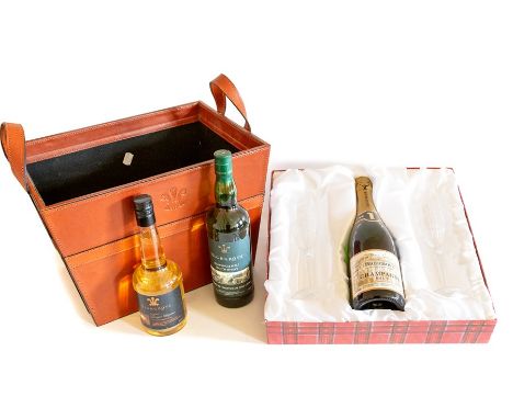 Highgrove Champagne in presentation box with two glass flutes, together with a bottle of Highgrove Islay single malt Scotch w