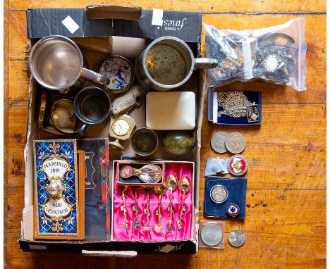 A collection of costume jewellery, including brooches, necklaces, etc; watches; travel clocks; pewter mugs; EPNS Australian s