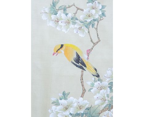 Three Chinese scroll paintings, depicting birds amongst flowering foliage, in cardboard boxes (3)