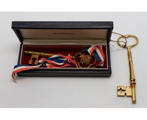 A cased gilt&nbsp;brass&nbsp;large presentation Key to the Freedom of Washington D.C in original case with two plaques engrav