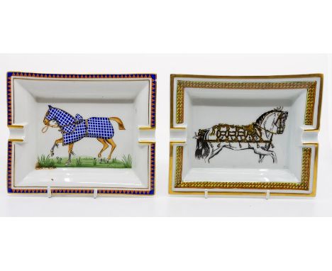 Two boxed Hermes porcelain ashtrays depicting horses, together with two Staffordshire presentation mugs (one for Mary G. M. W