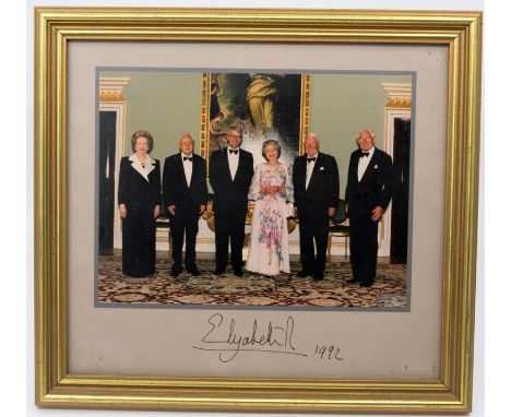 A photographic group portrait of HM Queen Elizabeth II with five former UK Prime Ministers (Harold Wilson, Edward Heath, Jame