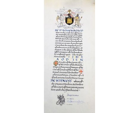 Freedom of The Worshipful Company of Clockmakers, illuminated parchment certificate for Prime Minister Harold Wilson, 1976, m