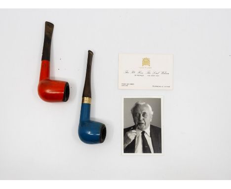 Two Viscount 'Dr Grabow' pipes (in blue and red) owned and used by former UK Prime Minister Harold Wilson, with an accompanyi