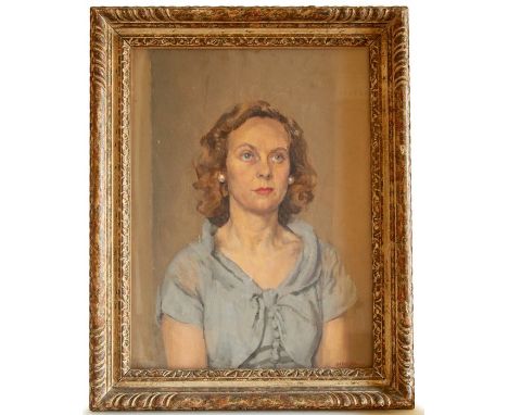 Glyn Jones (British, 20th Century), Mrs Harold Wilson, titled on Royal Society of Portrait Painters label verso, signed l.r.,