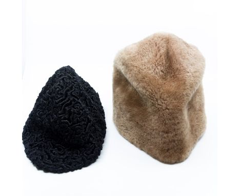 Gentleman’s winter hats: one in black Astrakhan with maker's label to interior; the other a Finnish-made light brown fur hat 