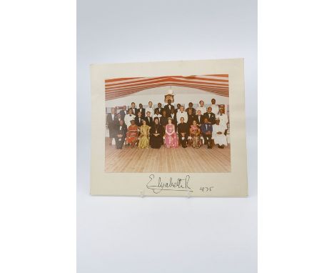 Photographic group portrait of HM Queen Elizabeth II with Commonwealth Heads of Government on board the Royal Yacht Britannia