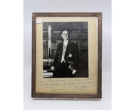 Charles de Gaulle, President of the French Republic, black &amp; white photographic portrait, inscribed in French to the Prim