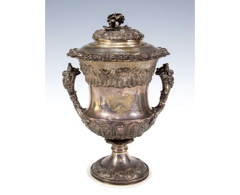 A George IV campana shaped two handled&nbsp;parcel gilt silver&nbsp;vase and cover, the body with beaded border above chased 