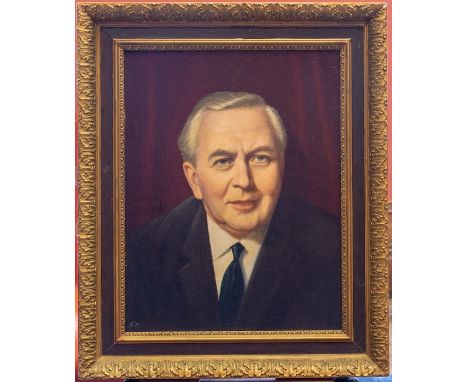 N...Barker (British, 20th Century),&nbsp; a portrait of Harold Wilson, initialled l.l., oil on board, 48 by 36cm, in gilt fra