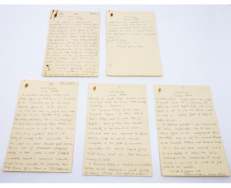 A quantity of handwritten articles relating to Harold Wilson's childhood or time at university, including a nine-page letter 