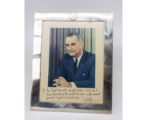 Lyndon B. Johnson, 36th president of the United States, colour photographic portrait, inscribed in bold black ink, 'To The Ri