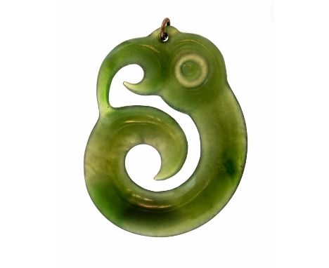 Maori / New Zealand Interest: A New Zealand nephrite jade/greenstone "Koropepe" (pendant), handcarved by Donn Salt, in a New 