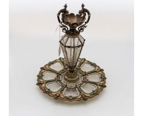 A 19th Century Renaissance Revival gilt metal, enamel and rock crystal vase and stand, in the manner of Hermann Ratzersdorfer