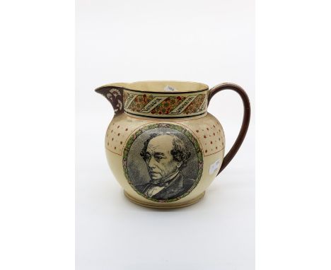 A Wedgwood commemorative jug for the death of Benjamin Disraeli, with a printed portrait to one side, quotation to the other 