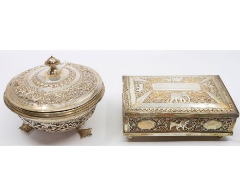 A collection of Sri Lankan presentation silver, including a large circular charger, a table cigarette box and a compote dish 