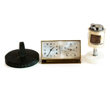 A brass cased Swiza 8 desk clock, thermometer and barometer, with inscription to top to Harold Wilson from Berry Magicoal Lim