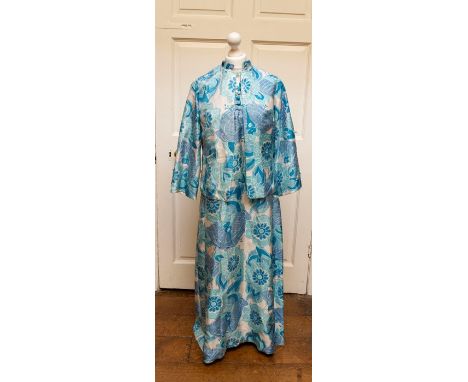 1970s ladies Oriental style two piece dress in light blue floral print design. Together with another dress with Chinese desig