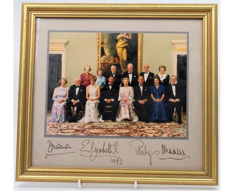 Photographic group portrait of members of the Royal Family with five former UK Prime Ministers and their spouses (Harold Wils
