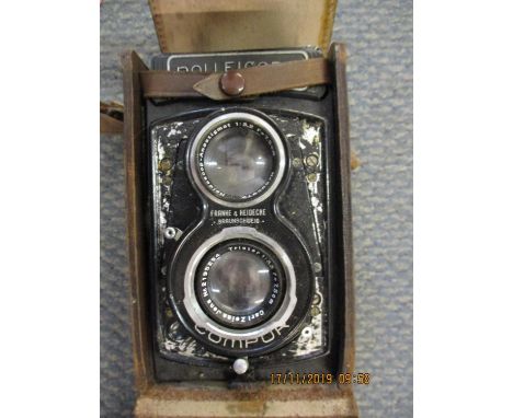 Vintage cameras to include a Rolleicord Compur, a Box Brownie, an Ensign Ful-Vue and a Kodak Brownie 127 camera 