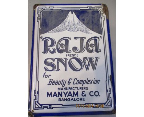 A vintage Raja Snow Talc enamelled sign in blue and white 