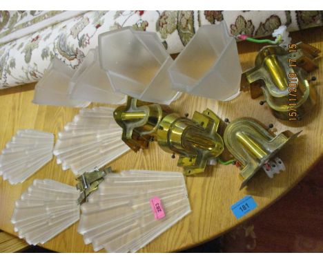 Four Art Deco frosted glass and brass wall lights 
