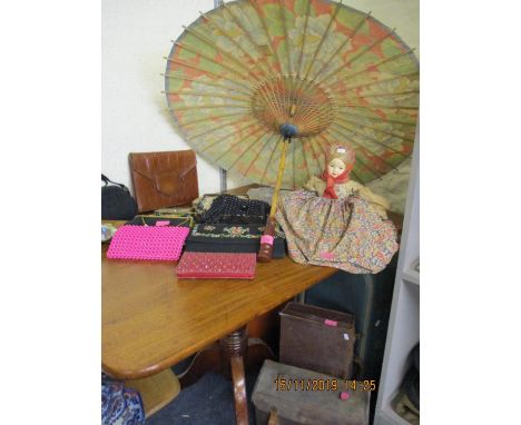 A vintage Japanese parasol, together with vintage evening bags to include a Sisley example, a small brown leather crocodile e