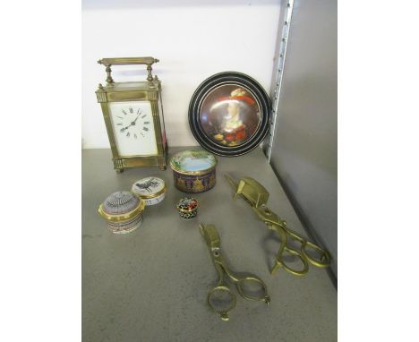 A mixed lot to include a brass cased five window carriage clock, two brass candle snuffers, enamelled Halcyon Days, Bilston a
