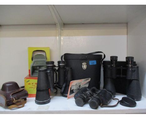 Three pairs of binoculars to include Omiya, Lieberman and Boots Admiral III, together with a vintage Argus viewer and a vinta