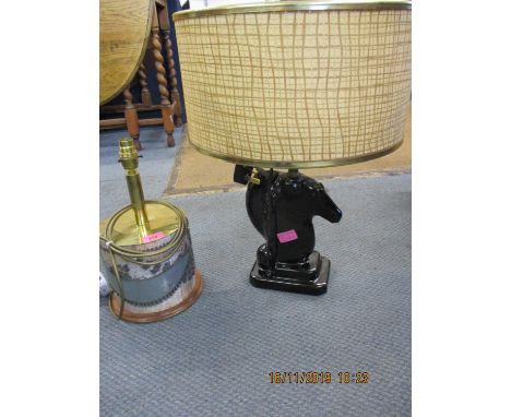 A mid 20th century American green/black glazed table lamp fashioned as a horse, and a printing drum lamp, both rewired and PA