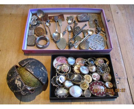 A collection of lockets to include teaspoons to include a Georgian teaspoon, mixed curiosities, a 1936 RSPCA Merit badge, a s