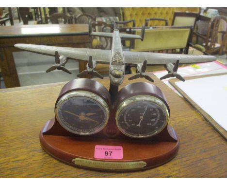 A 70th Anniversary Avro Lancaster plane desk clock and barometer, 6"h x 9"w 
