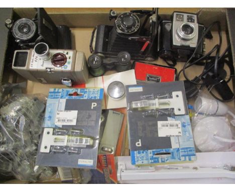 A mixed lot to include a Kodak Junior, Coronet Kodak Brownie, GB Howell camera, two opera glasses, mixed cabinet fittings and