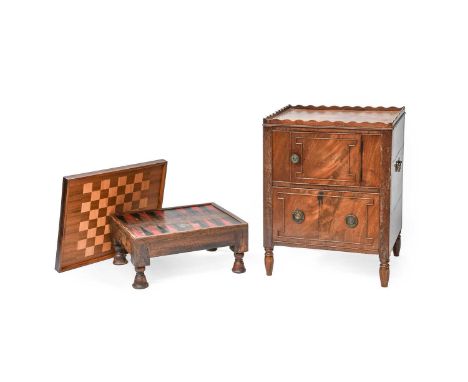 A George III Mahogany Commode (converted) 53cm by 46cm by 68cm, together with a low games table, 54cm by 44cm by 25cm (2)