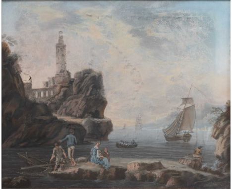British School (19th century)Continental coastal landscape with figures and boats in the bayPastel, 51cm by 62cm