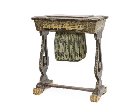 A Chinese Export Black Lacquer Work Table, early 19th century, the moulded hinged lid decorated with figures in a landscape e