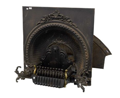 A Victorian Cast Iron Fire Insert, and a pair of scroll formed andirons, a reproduction dog grate, and a further decorative c