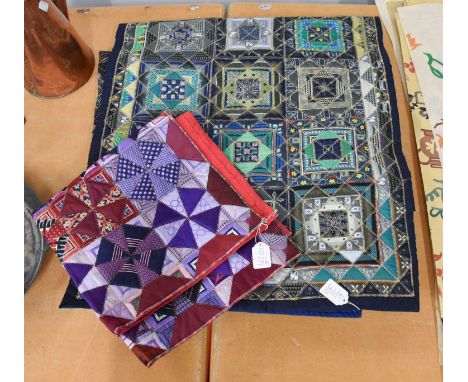 Five Modern Wall Hangings/Quilted Panels in greens, purple and black tones, varying sizes from 63cm by 61cm square and larges