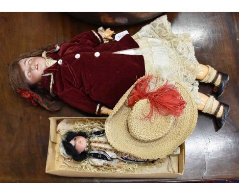 S &amp; H Bisque Socket Head Doll, with a brown wig, sleeping brown eyes, open mouth, on a composition jointed body wearing a