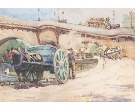 Attributed to Lionel Charles Henley (1843-1893)Figures loading a horse and cart at the foot of a bridge, possibly Pont Neuf S