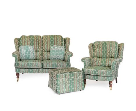 A Small Two Seater Cottage Sofa, with matching chair and pouffe, sofa 135cm wide