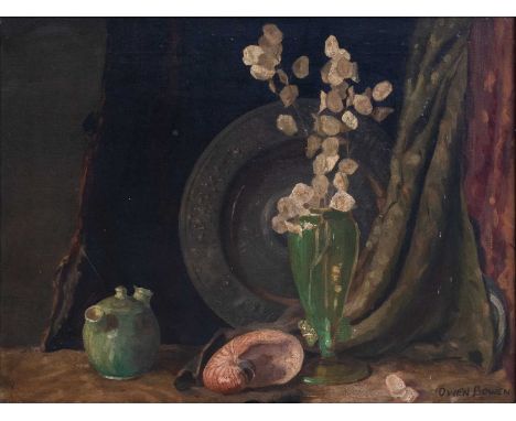 Circle of Owen Bowen (1837-1967) Still life with vase of honesty seed pods and nautilus shell Bears signature, oil on canvas,