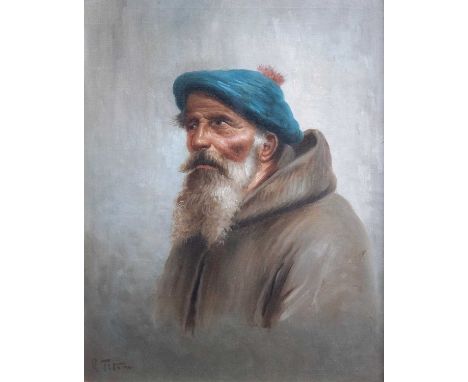 R.Tito (20th century)Portrait of a bearded man wearing a blue hatSigned, oil on canvas laid to board?, 38.5cm by 29cm; togeth