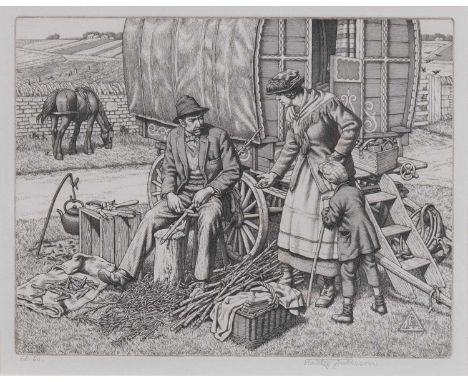 Stanley Anderson RA, RE (1884-1966)Male traveller whittling and selling wooden pegs outside his caravanSigned in pencil and i