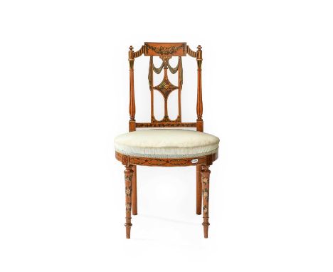 A Sheraton Revival Painted Satinwood Side Chair, with floral and swag decorationRepair to left finial, seat upholstery with d