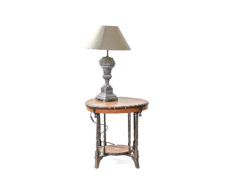 An Inlaid Edwardian Circular Lamp Table, 60cm by 59cm together with an urn form table lamp, 70cm (including shade) (2)